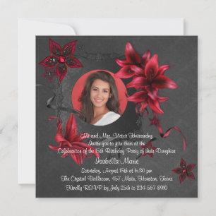 Convites Black Damask Red Lilies Foto Quinceanera