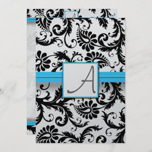 Convites Black Damask Swirls Bright Aqua Raed Trim