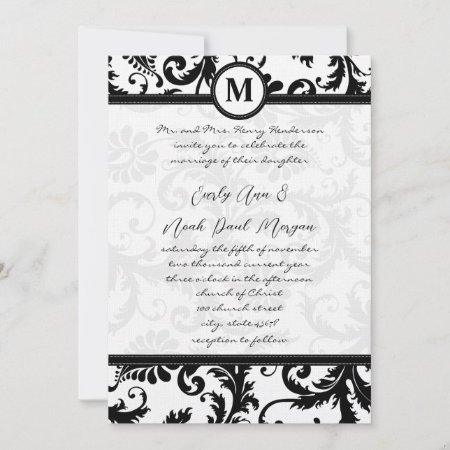 Convites Black Damask Swirls com Dots Weding Invitation (Frente)