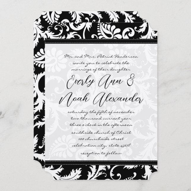 Convites Black Damask Swirls com Dots Weding Invitation (Frente/Verso)