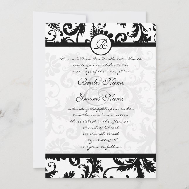 Convites Black Damask Swirls com Dots Weding Invitation (Frente)