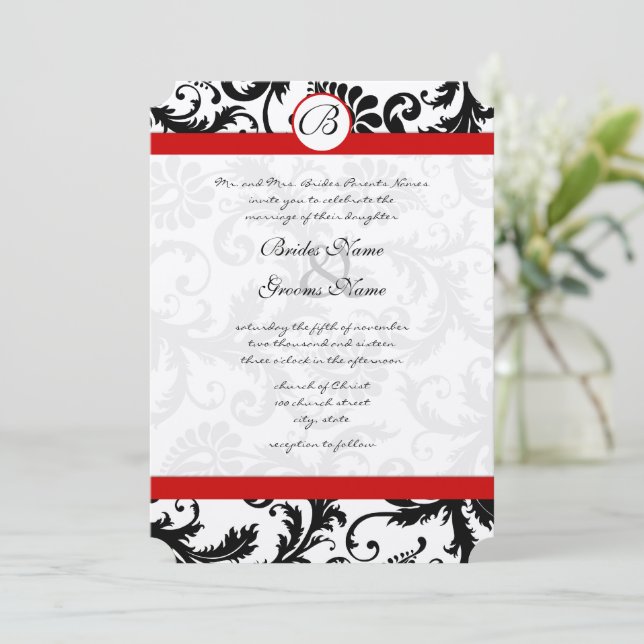 Convites Black Damask Swirls Red Trim Invitation (Em pé/Frente)