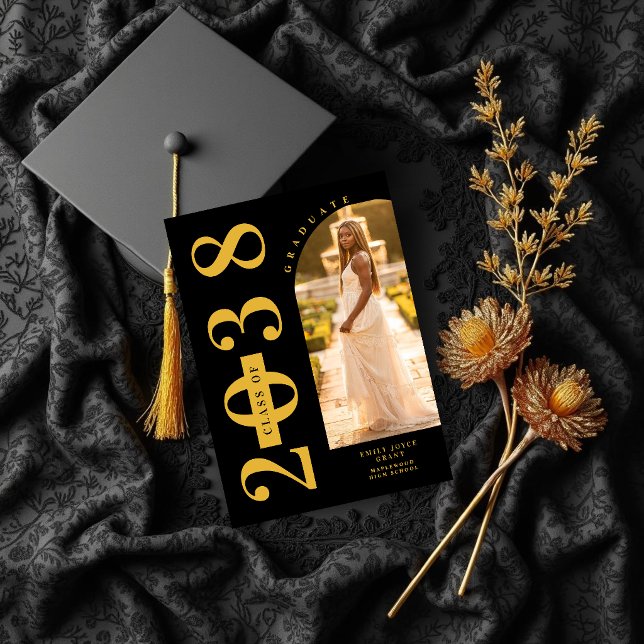 Convites Black Delicate Arch MInimalist Grad Golden (Black Delicate Arch Photo Minimalist Graduate Faux Gold Shades Photo Invitation Card Design.)