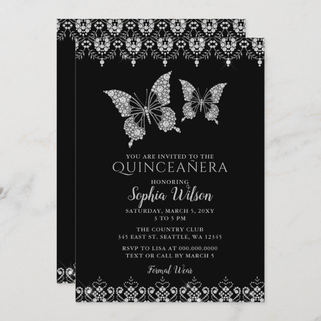 Convites Black Diamante Lace Butterflies Quinceañera (Frente/Verso)