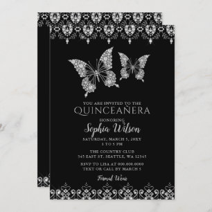 Convites Black Diamante Lace Butterflies Quinceañera