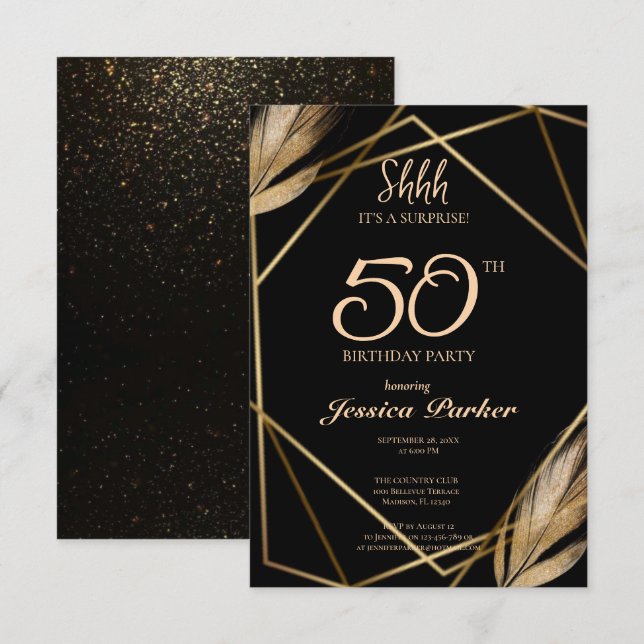 Convites Black Dourado Agate Surprise 50º aniversário (Frente/Verso)