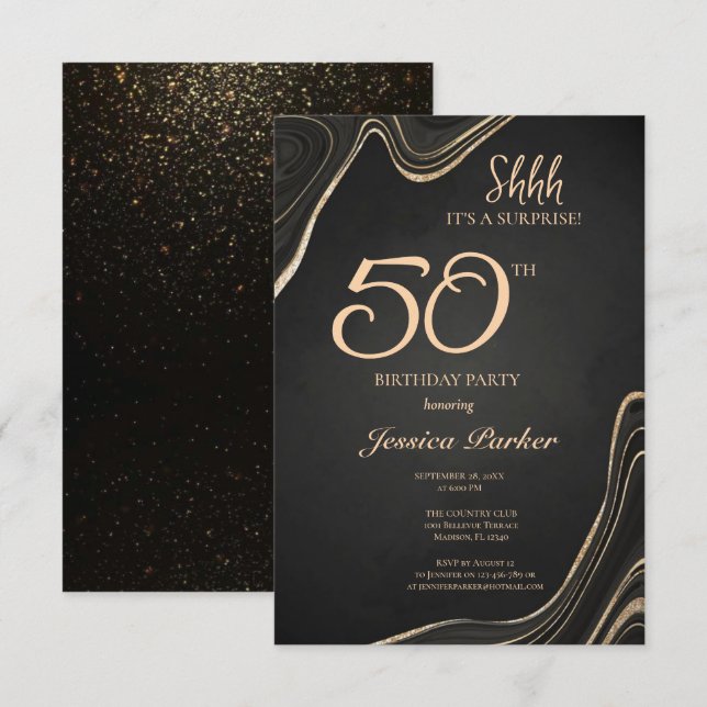 Convites Black Dourado Agate Surprise 50º aniversário (Frente/Verso)