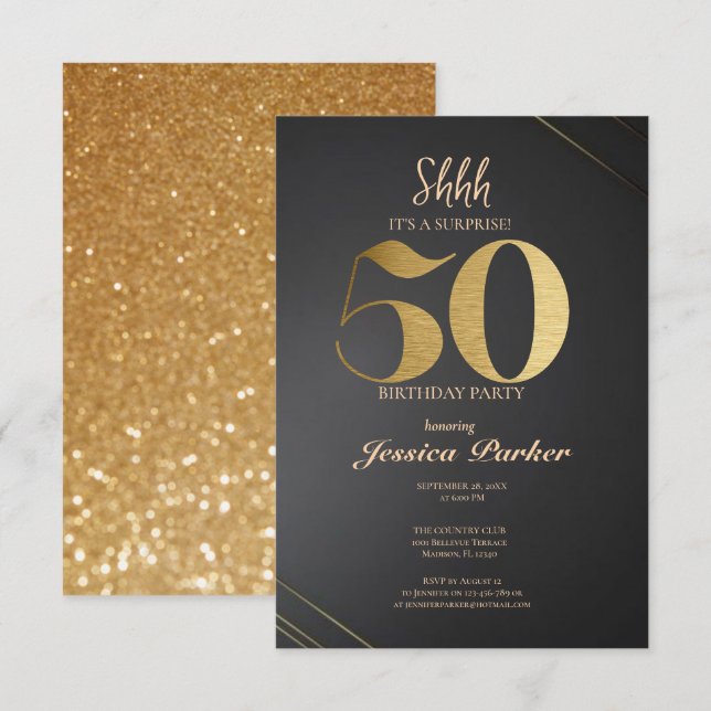 Convites Black Dourado Agate Surprise 50º aniversário (Frente/Verso)