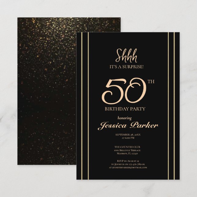 Convites Black Dourado Agate Surprise 50º aniversário (Frente/Verso)