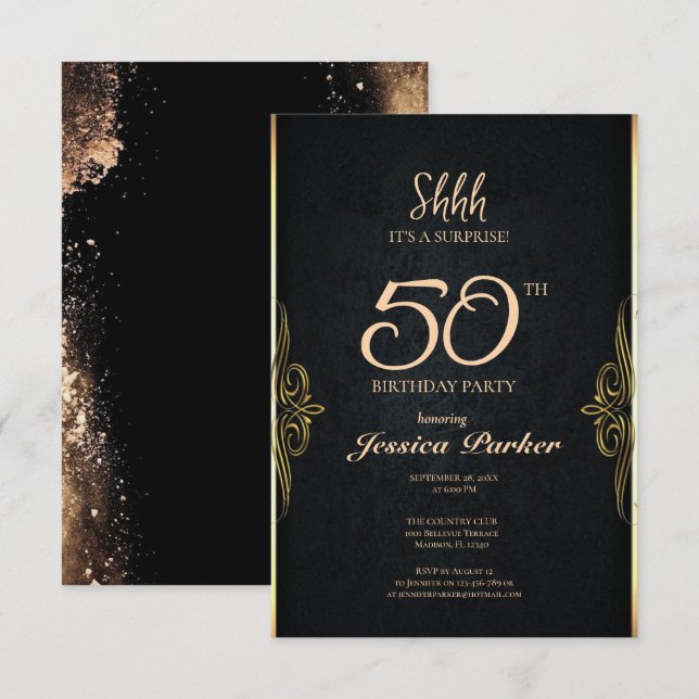 Convites Black Dourado Agate Surprise 50º aniversário (Frente/Verso)
