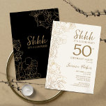 Convites Black Dourado Botanical Surprise 50º aniversário<br><div class="desc">Surpresa Dourada Negra 50º Convite de aniversário. A design feminina moderna minimalista apresenta sotaques botânicos e letra de script de tipografia. Simples cartão de convite floral perfeito para uma festa surpresa na moda.</div>