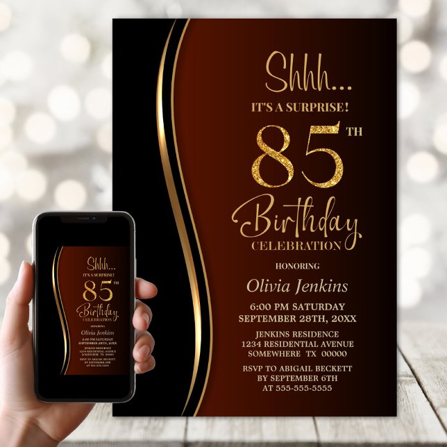 Convites Black Dourado Burnt Orange Surprise 85th Birthday (Criador carregado)