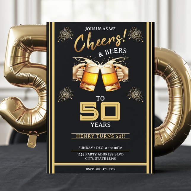 Convites Black & Dourado Cheers & Beers 50 anos 50 anos 50  (Criador carregado)