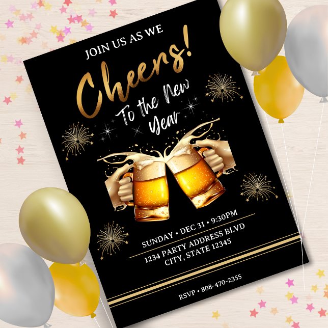 Convites Black & Dourado Cheers to Véspera de ano novo Part (Black & Gold Cheers to New Years Eve Party 2024 Invitation)