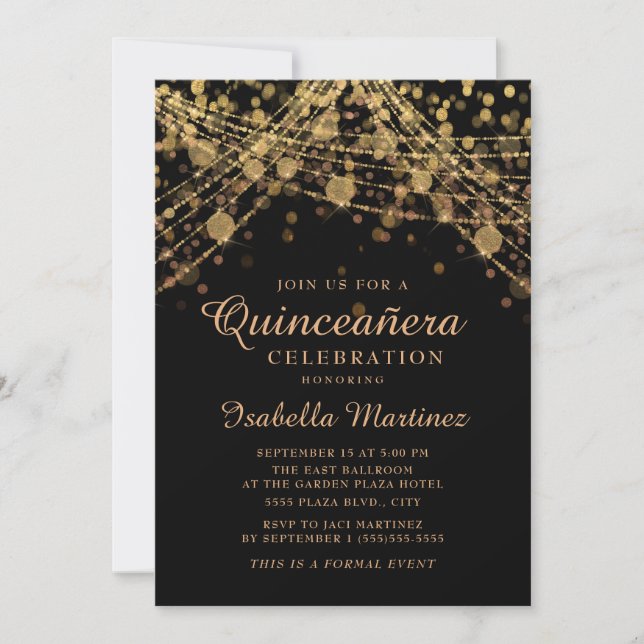 Convites Black Dourado Glitter String Luz Quinceañera (Frente)