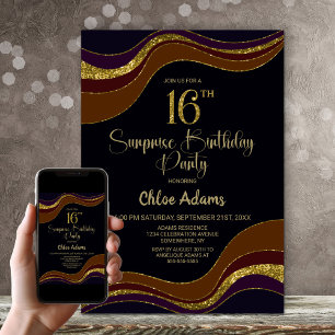 Convites Black Dourado Glitter Surpresa 16ª Festa de aniver