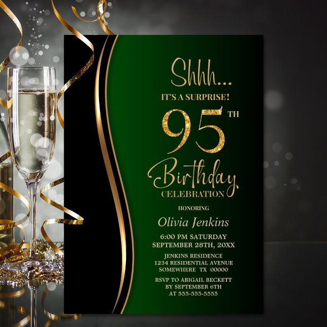 Convites Black Dourado Green Surprise 95º aniversário (Criador carregado)