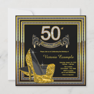 Convites Black Dourado High Heels Womans 50th Festa de aniv