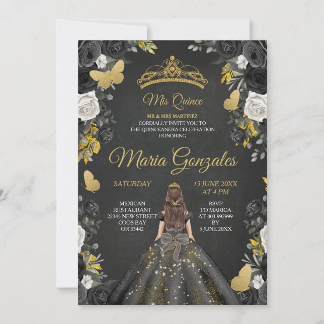 Convites Black & Dourado Mexicano Charra Mis XV Anos Invite (Frente)