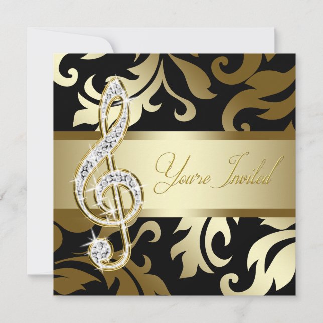 Convites Black Dourado Music Treble Clef Musical Event (Frente)