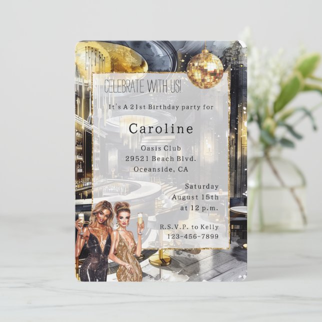 Convites Black Dourado Night Party Girls Disco Aniversário (Em pé/Frente)