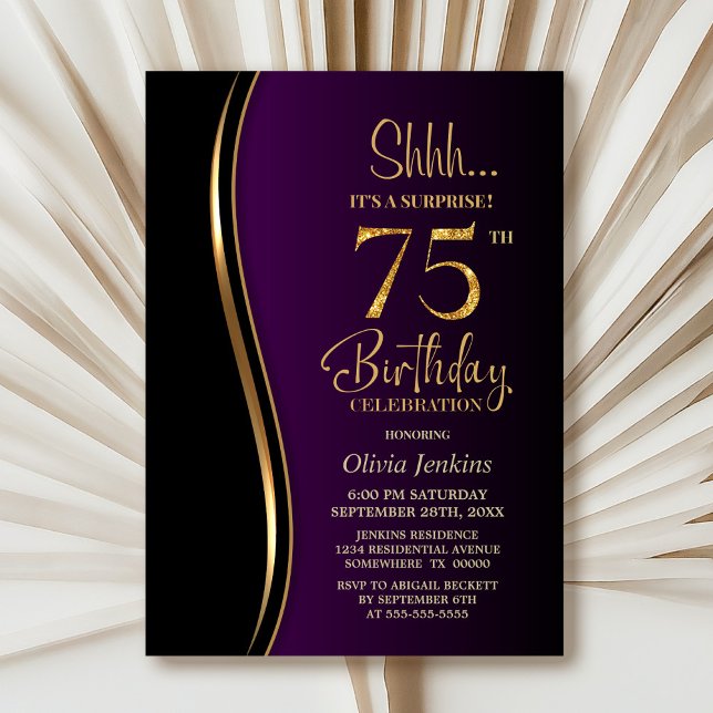 Convites Black Dourado Purple Surprise 75º aniversário (Criador carregado)