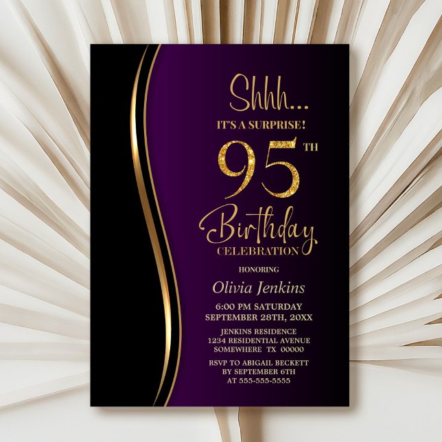 Convites Black Dourado Purple Surprise 95º aniversário (Criador carregado)