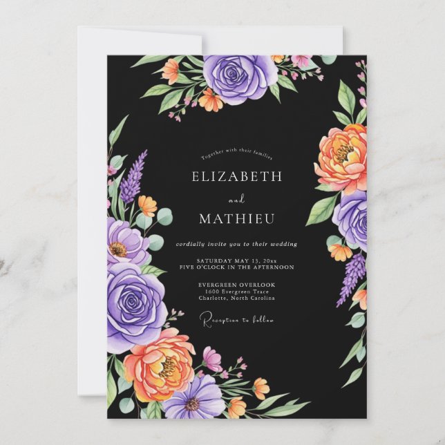 Convites Black Dramatic Floral Watercolor Wedding (Frente)