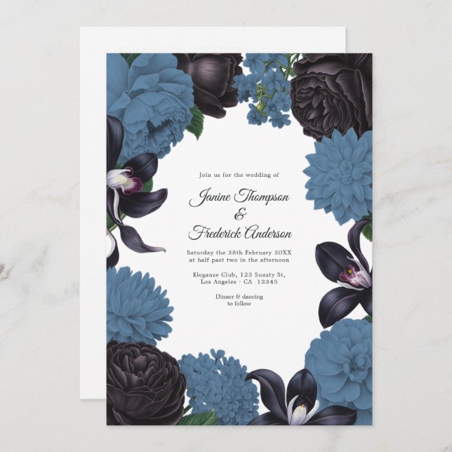 Convites Black & Dusty Blue Photo/QR Code Floral Wedding (Frente/Verso)