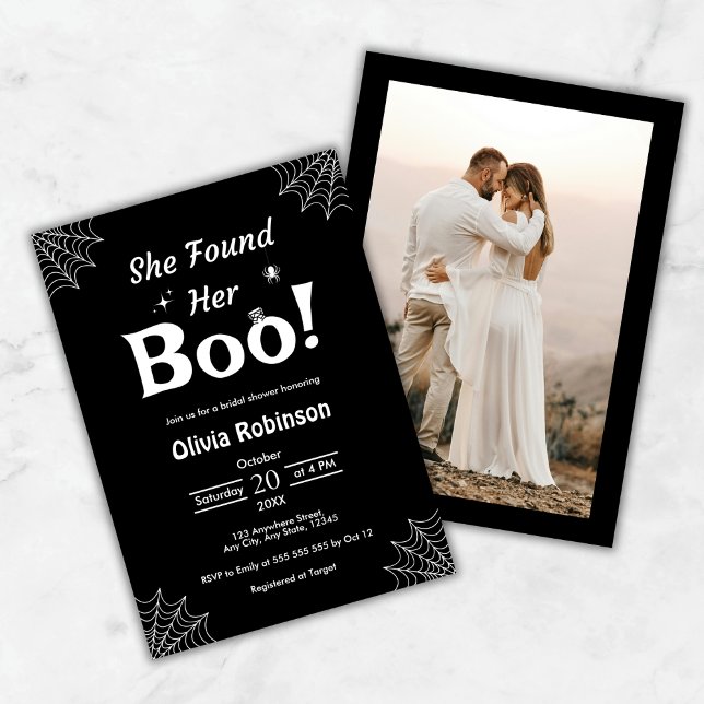 Convites Black Ela Encontrou Seu Chá de panela De Dia das B (Black She Found Her Boo Photo Halloween Bridal Shower Invitation )