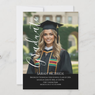 Convites Black Elegant script simple one photo graduation