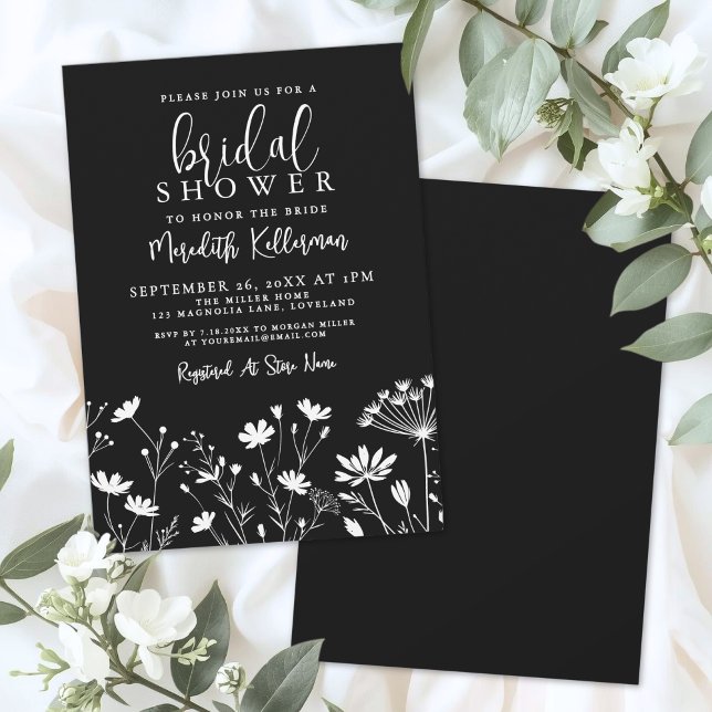 Convites Black Elegant Wildflower Bridal Shower (Black Elegant Wildflower Bridal Shower Invitation)