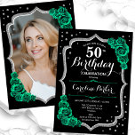 Convites Black Emerald Green Foto 50th Birthday<br><div class="desc">Elegante 50º convite de aniversário com sua foto no fundo do cartão. Glam Black e emerald green design com falso brilho prata. Apresenta rosas verdes, fonte de script e confetti. Perfeito para uma festa de comemoração de na moda adulto. Personalize com seus próprios detalhes. Pode ser personalizado para qualquer idade!...</div>