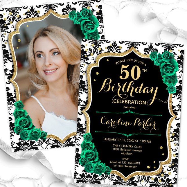 Convites Black Emerald Green Foto 50th Birthday (Criador carregado)