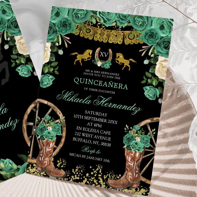 Convites Black Emerald Green Hunter Western Boots XV Años (Criador carregado)