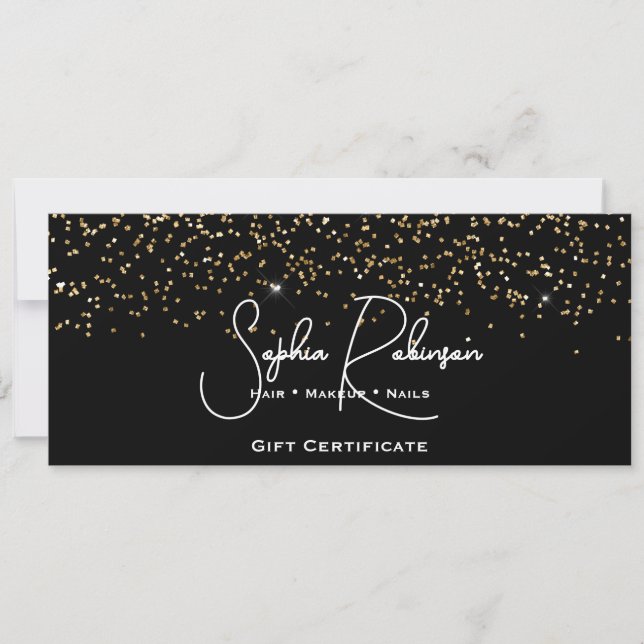 Convites Black & Faux Gold Glitter Gift Certificate Card (Frente)