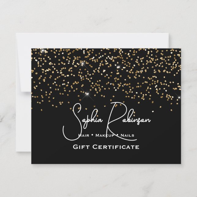 Convites Black & Faux Gold Glitter Gift Certificate Card (Frente)