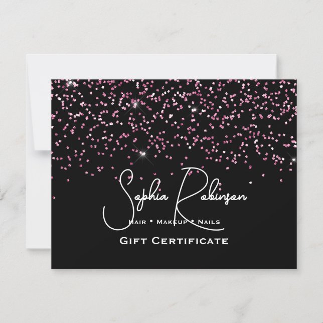 Convites Black & Faux Pink Glitter Gift Certificate Card (Frente)