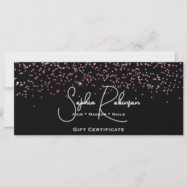 Convites Black & Faux Pink Glitter Gift Certificate Card (Frente)