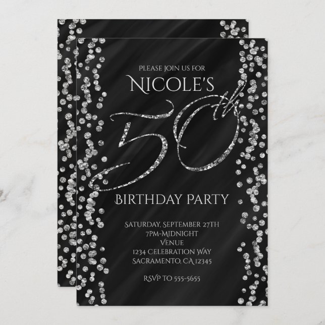 Convites Black & Faux Silver Glitter Glam 50 50th Birthday (Frente/Verso)