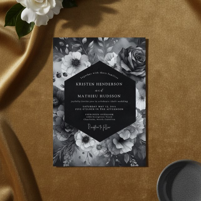 Convites Black Floral Dramatic Bloom Wedding (Criador carregado)