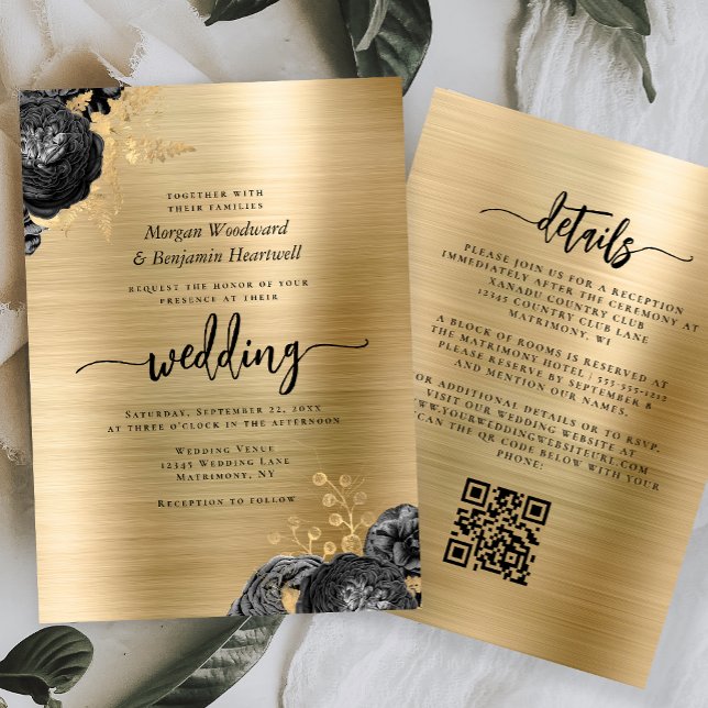 Convites Black Floral Gold Brushed Metal QR Code Wedding (Criador carregado)
