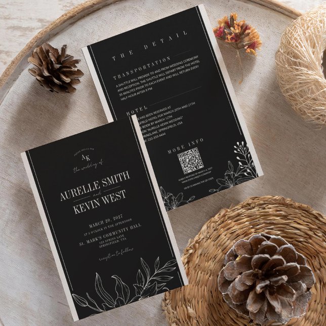 Convites Black Floral Rustic Elegant Details QR Wedding  (Criador carregado)