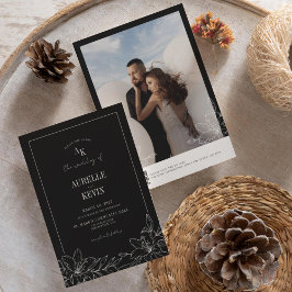 Convites Black Floral Rustic Monogram Photo QR Wedding 