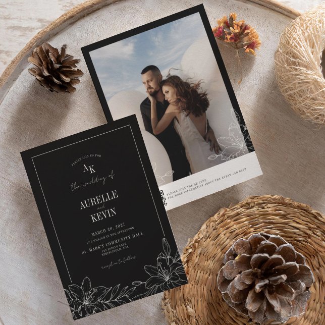 Convites Black Floral Rustic Monogram Photo QR Wedding  (Criador carregado)