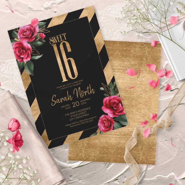 Convites Black Floral Stripes de Folha de Ouro ID757 (Criador carregado)