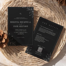 Convites Black Flower Rustic Elegant Monogram QR Wedding 