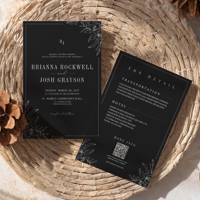 Convites Black Flower Rustic Elegant Monogram QR Wedding  (Criador carregado)