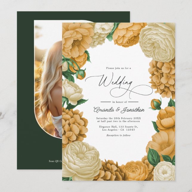 Convites Black Forest Green, Ecru/Warm Honey Floral Wedding (Frente/Verso)