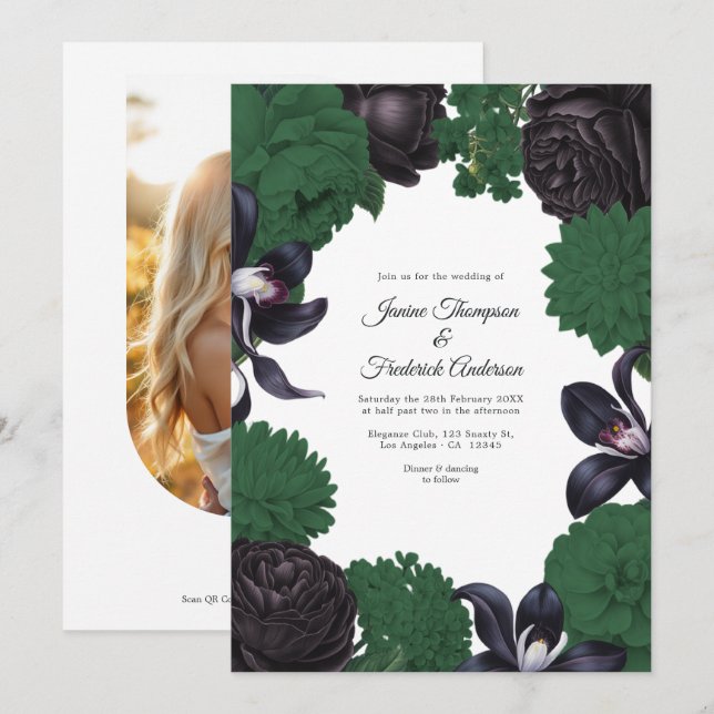 Convites Black & Forest Green Photo/QR Code Floral Wedding (Frente/Verso)